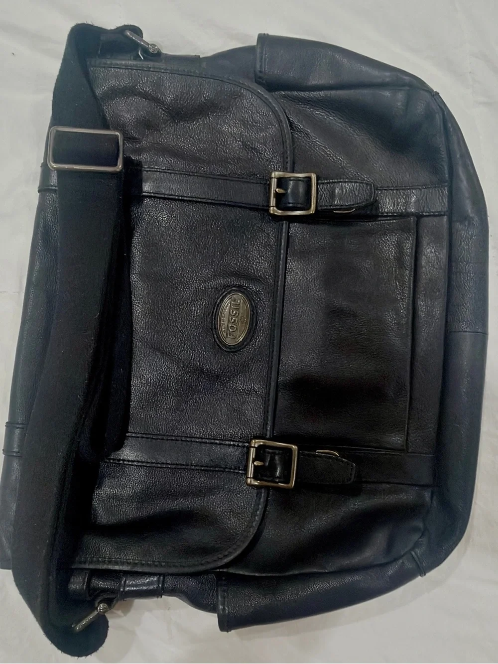 Fossil Black Leather Messenger Crossbody Bag with Brass Hardware